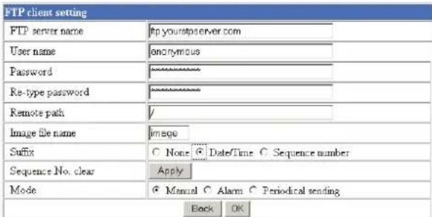 FTP client setting FTP server name ftp yourstpserver.com User name anonymous Password Password Re-type password Password Remote path / Image file name image Suffix None Date/Time Sequence number Sequence No. clear Apply Mode Manual Alarm Periodical sending Back OK