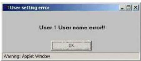 User setting error User 1 User name error! OK Warning: Applet Window