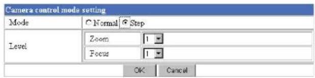 Camera control mode setting Mode Normal Step Level Zoom 1 Focus 1 OK Cancel