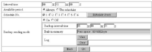 Interval time 00 H 10 M 20 S Available period Always Use scheduler Schedule No. 1 2 3 4 5 6 Schedule check Backup sending mode @ On Off Backup interval time 00 H 00 M 11 S Built-in memory Free space: 8315392byte Log View Clear Back OK