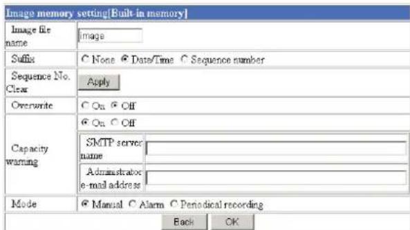 Image memory setting[Built-in memory] Image file name Image Suffix None Date/Time Sequence number Sequence No. Clear Apply Overwrite On Off capacity warning On Off SMTP server name Administrator e-mail address Mode Manual Alarm Periodical recording Back OK