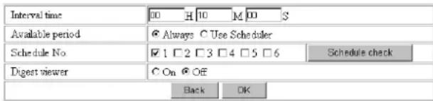 Interval time 00 H 10 M 00 S Available period ● Always C Use Scheduler Schedule No ☑ 1 □ 2 □ 3 □ 4 □ 5 □ 6 Schedule check Digest viewer ○ On ● Off Black OK