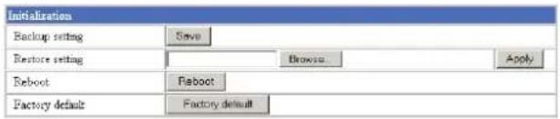 Initialization Backup setting Save Restore setting Browse Apply Reboot Reboot Factory default Factory default