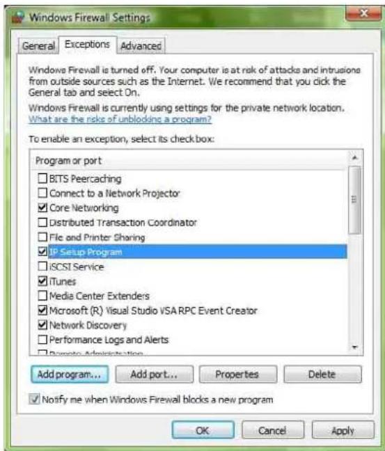 Windows Firewall Settings General Exceptions Advanced Windows Firewall is turned off. Your computer is at risk of attacks and intrusions from outside sources such as the Internet. We recommend that you click the General tab and select On. Windows Firewall is currently using settings for the private network location. What are the risks of unblocking a program? To enable an exception, select its checkbox: Program or port BITS Peercaching Connect to a Network Projector Core Networking Distributed Transaction Coordinator File and Printer Sharing IP Setup Program ISCSI Service iTunes Media Center Extenders Microsoft (R) Visual Studio VSA RPC Event Creator Network Discovery Performance Logs and Alerts Tomato Administration... Add program... Add port... Properties Delete Notify me when Windows Firewall blocks a new program OK Cancel Apply