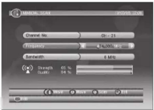 MANUAL SCAN 18/02/05 22:06 Channel No. CH - 21 Frequency 474,000 MHz Bandwidth 6 MHz Strength 65 % Quality 94 % Move Move Scan Exit F-31