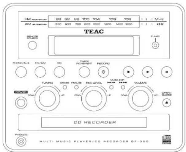 FM AM 88 92 96 100 104 106 108 111 MHz 530 600 700 800 1000 1200 1400 1600 171 kHz REMOTE SUPPORT TEAC TUNSD PHONE/AUX PM/AM CD TRACK NOT distinct RECORD TUNING BRASSE FINALIZE REC LEVEL MUSC EXP VOLUME POWER DOWN UP DOWN UP DOWN UP OPEN/ CD RECORDER PIONS MULTI MUSIC PLAYER/CD RECORDER GF-35G