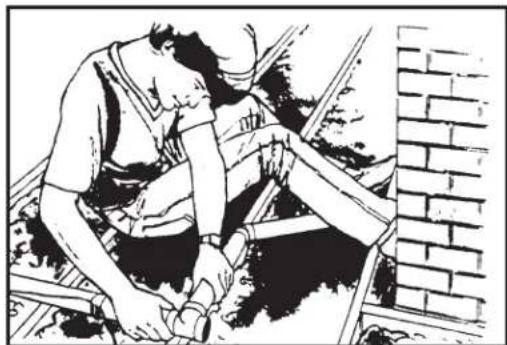 Black-and-white illustration of a person working on scaffolding near a brick wall (no text or symbols)