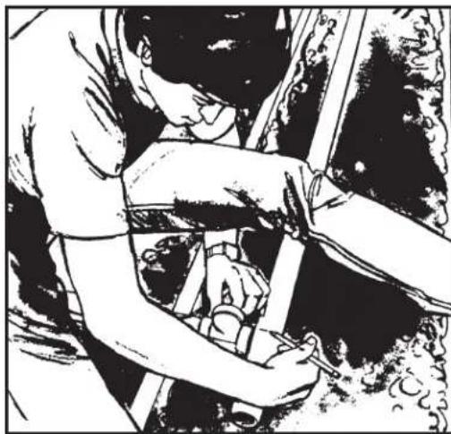 Black-and-white illustration of a person working on equipment near a window (no text or symbols visible)