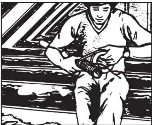 Black-and-white illustration of a person sitting on steps, holding a large object (no text or symbols visible)