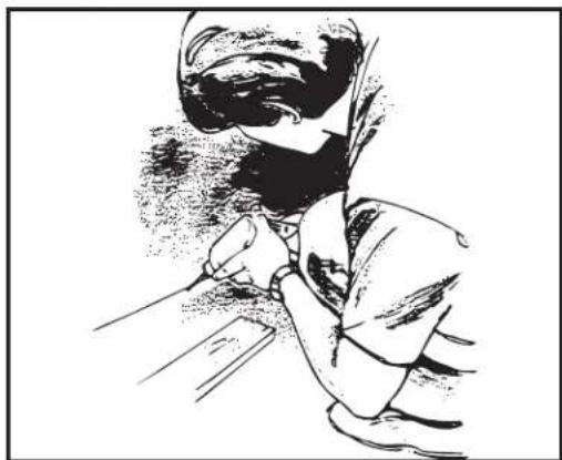 Black-and-white sketch of a person writing at a desk (no text or symbols visible)