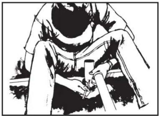 Black-and-white illustration of a person sitting with hands near their arm, no visible text or symbols