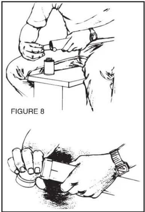 Illustration showing two hand positions: top shows a person using a tool on a table, bottom shows another hand holding a cup (no text or symbols)