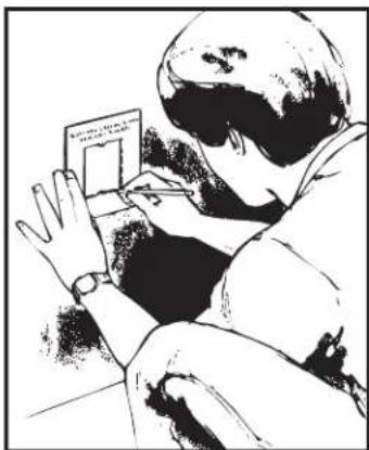 Black-and-white sketch of a person using a tablet device (no visible text or symbols)