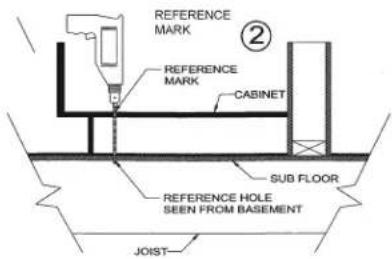 REFERENCE MARK REFERENCE MARK CABINET SUB FLOOR REFERENCE HOLE SEEN FROM BASEMENT JOIST