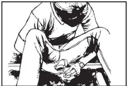 Black-and-white sketch of a person sitting on a bench, holding an object (no text or symbols visible)
