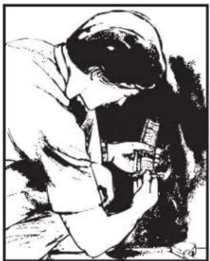 Black-and-white sketch of a person in uniform holding an object, no text or symbols visible