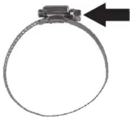 Close-up of a metal clamp ring with a black arrow pointing to it (no text or symbols)