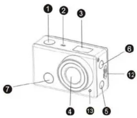 Diagram of a digital camera with numbered parts for identification