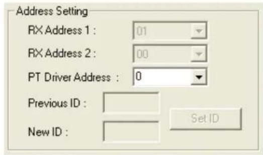 Address Setting RX Address 1 : 01 RX Address 2 : 00 PT Driver Address : 0 Previous ID : New ID : Set ID