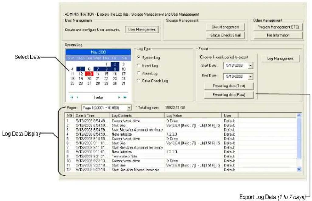 ADMINISTRATION - Displays the Log files, Storage Management and User Management User Management Create and configure User accounts: User Management Storage Management Disk Management Status Check/Email Other Management Program Management(NETC) File Information System Log May 2009 Sun: Non Tue Wed Thu Fri Sat 4 5 6 7 8 9 10 11 12 13 14 15 16 17 18 19 20 21 22 23 24 25 26 27 28 29 30 31 Today Log Type System Log Event Log Alarm Log Drive Check Log Export Choose 1-week period to escort Start Date : 5/13/2008 End Date : 5/13/2008 Export log data (Text) Export log data (Raw) Log Management Pages : Page 1(00001 ~ 01000) * Total log size : 19923.41 KB NO Date & Time Log Contents Log Value User 1 5/13/2008 9:54:48... Current Work drive D Drive Default 2 5/13/2008 9:54:59... Start Site Var[3.6.0 [Build : 7] ] Lb[3.516]_[5] 3 5/13/2008 9:54:59... Start Site After Abnormal terminate Default 4 5/13/2008 9:54:59... Nano Inbitics 7.2.3.3 Default 5 5/13/2008 9:10:55... Current Work drive D Drive Default 6 5/13/2008 9:11:01... Start Site Var[3.6.0 [Build : 7] ] Lb[3.616]_[5] 7 5/13/2008 9:11:01... Start Site After Abnormal terminate Default 8 5/13/2008 9:11:01... Nano Inbitics 7.2.3.3 Default 9 5/13/2008 9:21:21... Terminate of Site Default 10 5/13/2008 9:22:13... Current Work drive D Drive Default 11 5/13/2008 9:22:18... Start Site Var[3.6.0 [Build : 7] ] Lb[3.516]_[5] 12 5/13/2008 9:22:18... Start Site After Normal terminate Default Export Log Data (1 to 7 days)