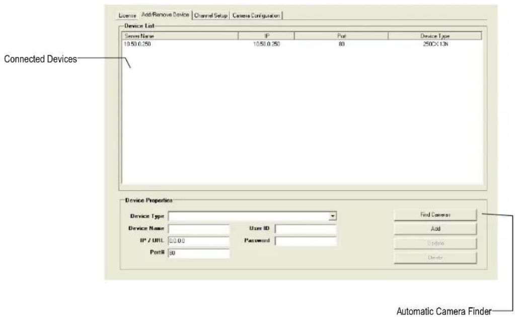License Add/Remove Device Channel Setup Camera Configuration Device List Server Name IP Port Device Type 10.50.0.250 10.50.0.250 80 250X13N Connected Devices Device Properties Device Type Device Name User ID IP / URL 0.0.00 Password Port#: 50 Find Camera Add Update Delete Automatic Camera Finder