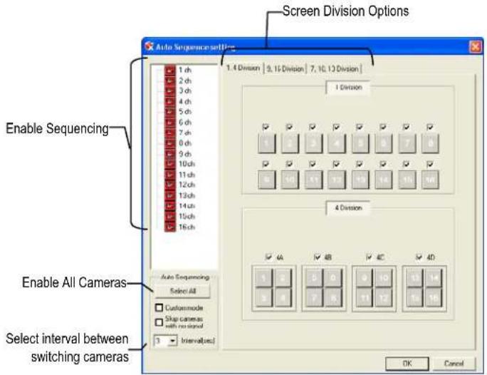 Screen Division Options 1.4 Division | 9, 15 Division | 7, 10, 13 Division | 1 Division Enable Sequencing 4 Division Enable All Cameras Select interval between switching cameras Auto Sequencing Select All Custommode Slap cameras with no signal 3 Intervals OK Cancel