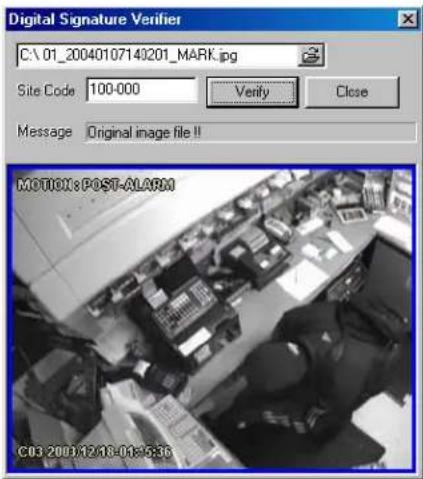 Digital Signature Verifier C:\ 01_20040107140201_MARK.jpg Site Code 100-000 Verify Close Message Original image file!! MOTIOX: POST-ALARM C03 2001/12/18-01-5:36