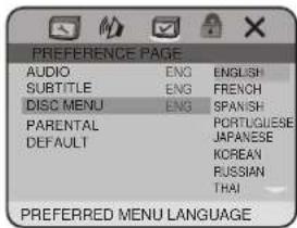 PREFERENCE PAGE AUDIO ENG ENGLISH SUBTITLE ENG FRENCH DISC MENU ENG SANISH PARENTAL PORTUGUESE DEFAULT JAPANESE KOREAN RUSSIAN THAI PREFERRED MENU LANGUAGE