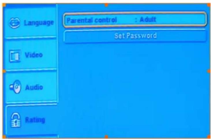 Language Video Audio Rating Parental control : Adult Set Password