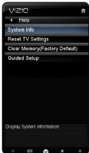 VIZIO Help System Info Reset TV Settings Clear Memory(Factory Default) Guided Setup Display System information