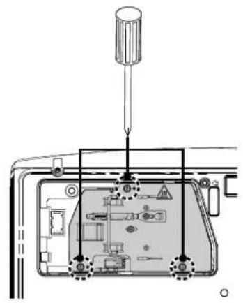 Technical diagram of a device with labeled components and a screwdriver inserted into a housing