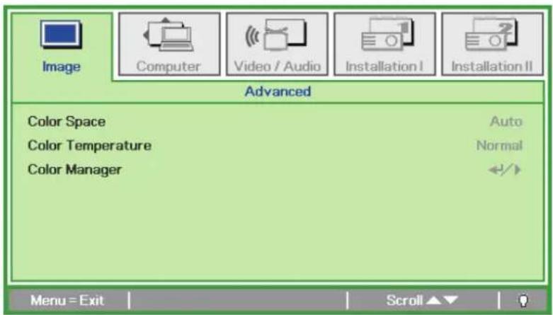 Image Computer Video / Audio Installation I Installation II Advanced Color Space Auto Color Temperature Normal Color Manager Menu = Exit Scroll ▲▼