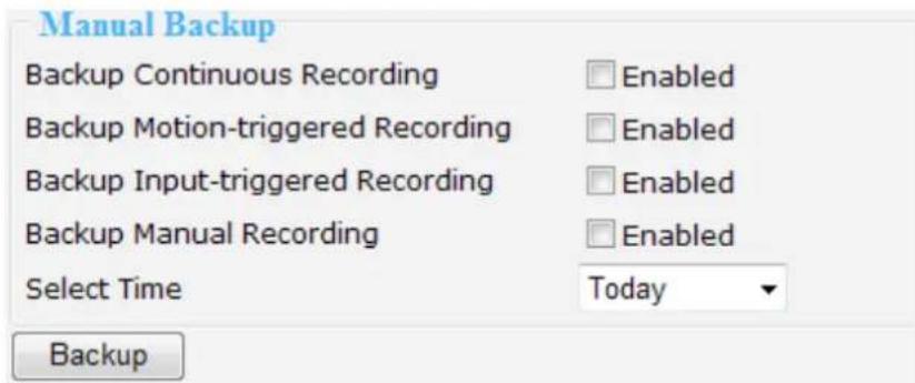 Manual Backup Backup Continuous Recording Enabled Backup Motion-triggered Recording Enabled Backup Input-triggered Recording Enabled Backup Manual Recording Enabled Select Time Today Backup