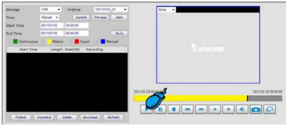 Storage USB Archive 02/11/01/24_d7 Time Manual Current Previous Next Start Time 2011/01/18 00:00:00 End Time 2011/01/19 00:00:00 Go to Continuous Motion Input Manual Start Time Length Size(KB) Recording Protect Unprotect Delete Download Refresh None Vivtek 2011/01/18 00:00:00 2011/01/19 00:00:00