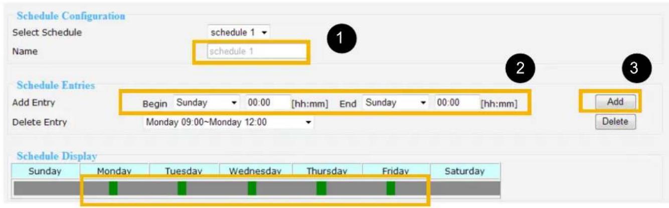 Schedule Configuration Select Schedule schedule 1 Name schedule 1 Schedule Entries Add Entry Begin Sunday 00:00 [hh:mm] End Sunday 00:00 [hh:mm] Delete Entry Monday 09:00~Monday 12:00 Schedule Display Sunday Monday Tuesday Wednesday Thursday Friday Saturday