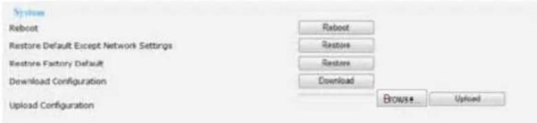 Systems Reboot Restore Default Except Network Settings Restore Factory Default Download Configuration Upload Configuration Reboot Restore Restore Download Browse... Uploaded
