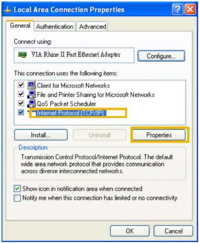 Local Area Connection Properties General Authentication Advanced Connect using: VIA Rhine II Fast Ethernet Adapter Configure... This connection uses the following items: Client for Microsoft Networks File and Printer Sharing for Microsoft Networks QoS Packet Scheduler Internet Protocol (TCP/IP) Install... Uninstall Properties Description Transmission Control Protocol/Internet Protocol. The default wide area network protocol that provides communication across diverse interconnected networks. Show icon in notification area when connected Notify me when this connection has limited or no connectivity OK Cancel