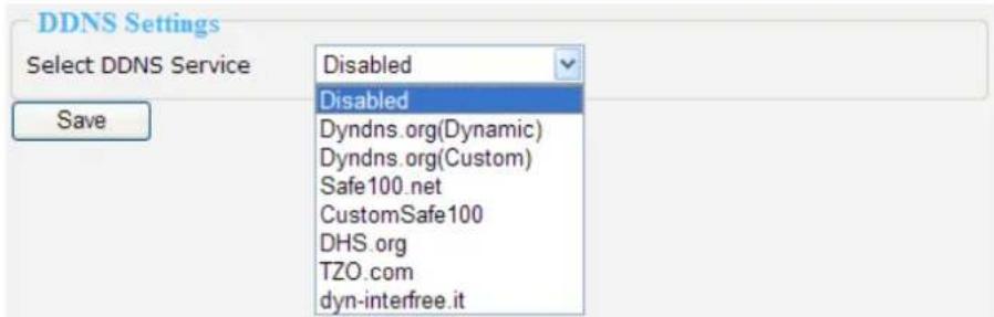 DDNS Settings Select DDNS Service Disabled Disabled Dyndns.org(Dynamic) Dyndns.org(Custom) Safe100.net CustomSafe100 DHS.org TZO.com dyn-interfree.it