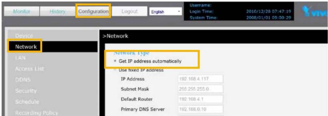 Monitor History Configuration Logout English Username: Login Time: 2010/12/28 07:47:19 System Time: 2008/01/01 09:00:29 Device Network LAN Access List DDNS Security Schedule Recording Policy >Network Network Type • Get IP address automatically • Use fixed IP address IP Address 192.168.4.117 Subnet Mask 255.255.255.0 Default Router 192.168.4.1 Primary DNS Server 192.168.0.10