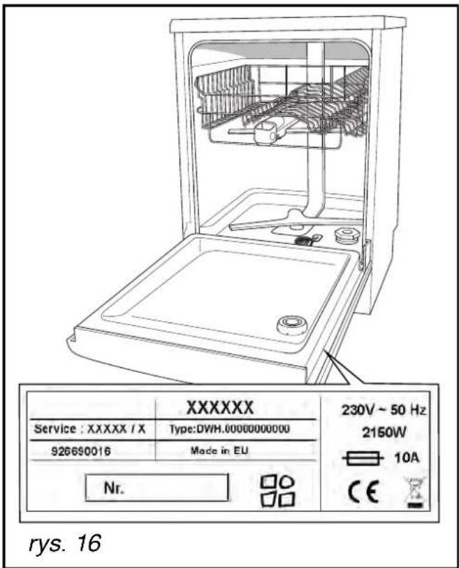 XXXXXX Service : XXXXX / X Type: DWH.00000000000 926690016 Made in EU Nr. 230V ~ 50 Hz 2150W 10A CE rys. 16