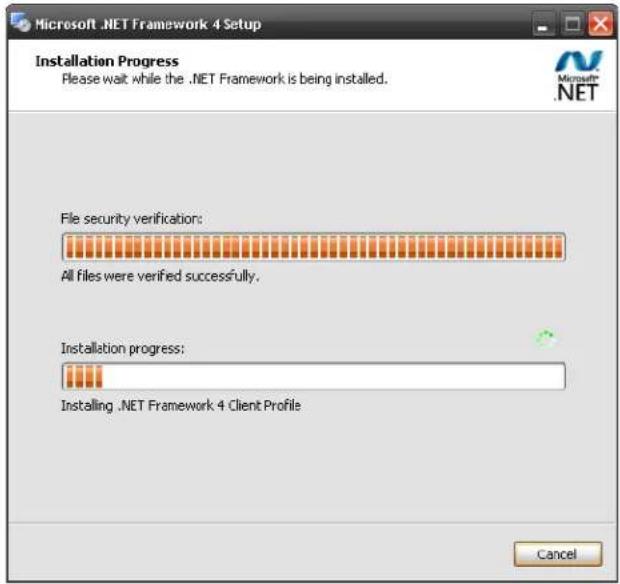 Microsoft .NET Framework 4 Setup Installation Progress Please wait while the .NET Framework is being installed. File security verification: All files were verified successfully. Installation progress: Installing .NET Framework 4 Client Profile Cancel