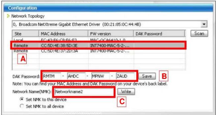 Configuration Network Topology 0, Broadcom NetXtreme Gigabit Ethernet Driver (00:21:85:0C:44:4B) Site MAC Address WW version DAK Password Scan Local EC:43:E6:C8:E6:E3 MAC:0CA6410-1.0 Remote CC:5D:4E:38:5D:3E(INT7400-MAC-5-2-... Remote CC:5D:4E:37:2D:3A(INT7400-MAC-5-2-... A DAK Password: RMTM - AHDC - MPNW - ZAUD Save B Note: You can find your MAC Address and DAK Password on your device's back label. Network Name(NMK): Networkname2 Set NMK to this device Set NMK to all device Write C