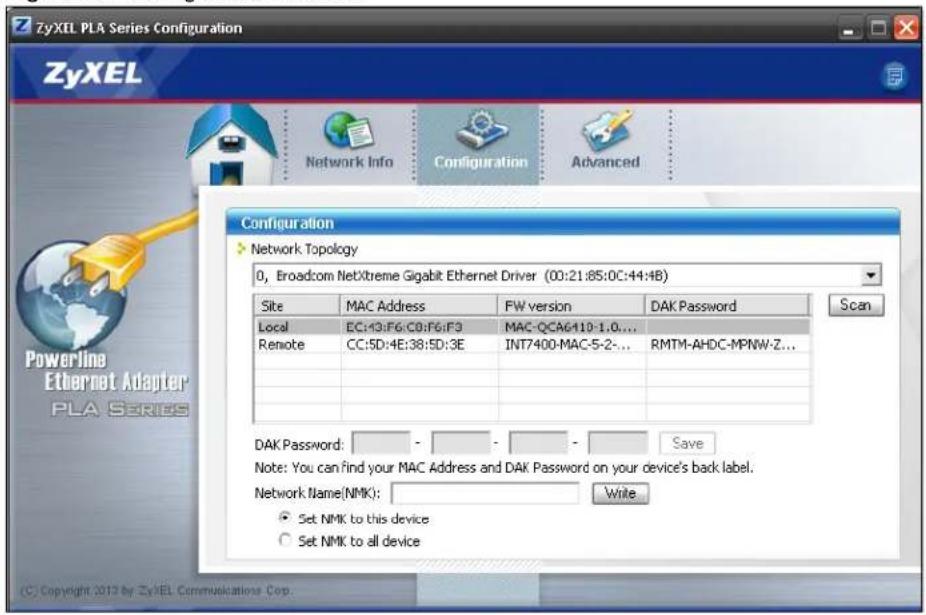 ZyXEL PLA Series Configuration ZyXEL Network Info Configuration Advanced Configuration Network Topology 0, Broadcom NetXtreme Gigabit Ethernet Driver (00:21:85:0C:44:4B) Site MAC Address FW version DAK Password Scan Local EC:43:F6:C8:F6:F9 MAC-QCA6410-1.0... Remote CC:5D:4E:38:5D:3E(INT7400-MAC-5-2-... RMTM-AHDC-MPNW-Z... DAK Password: - Note: You can find your MAC Address and DAK Password on your device's back label. Network Name(NMK): .Write Set NMK to this device Set NMK to all device © Copyright 2012 by ZyXEL Communications Corp.
