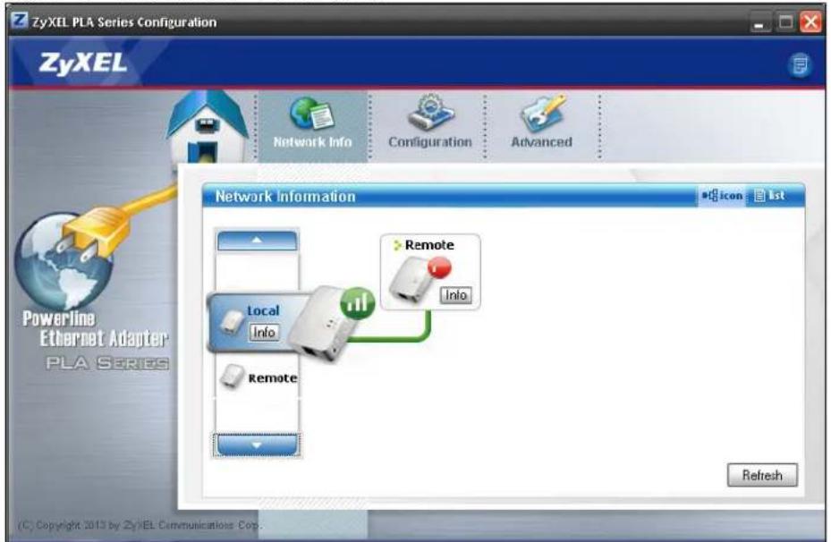 ZyXEL PLA Series Configuration ZyXEL Network Info Configuration Advanced Powerline Ethernet Adapter PLA SERIES Network Information @icon List Local Info Remote Remote Info Remote Refresh (C) Copyright 2013 by ZyXEL Communications Corp.