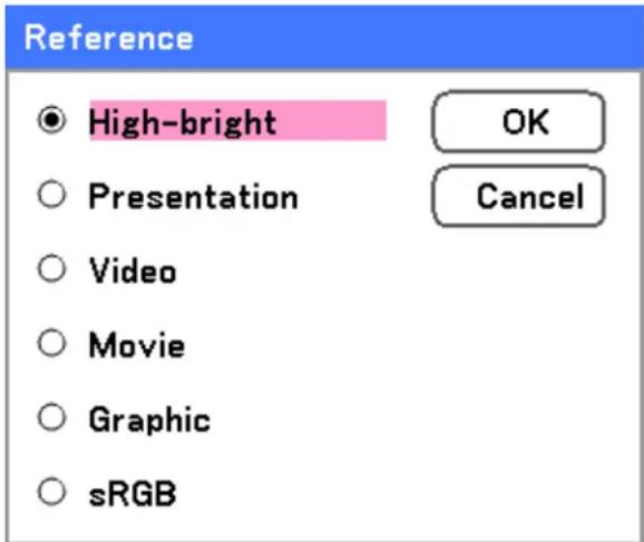 Reference ● High-bright ○ Presentation ○ Video ○ Movie ○ Graphic ○ sRGB OK Cancel