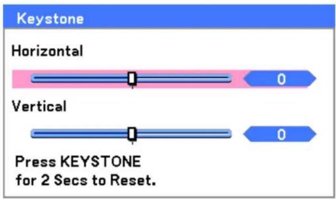 Keystone Horizontal 0 Vertical 0 Press KEYSTONE for 2 Secs to Reset.