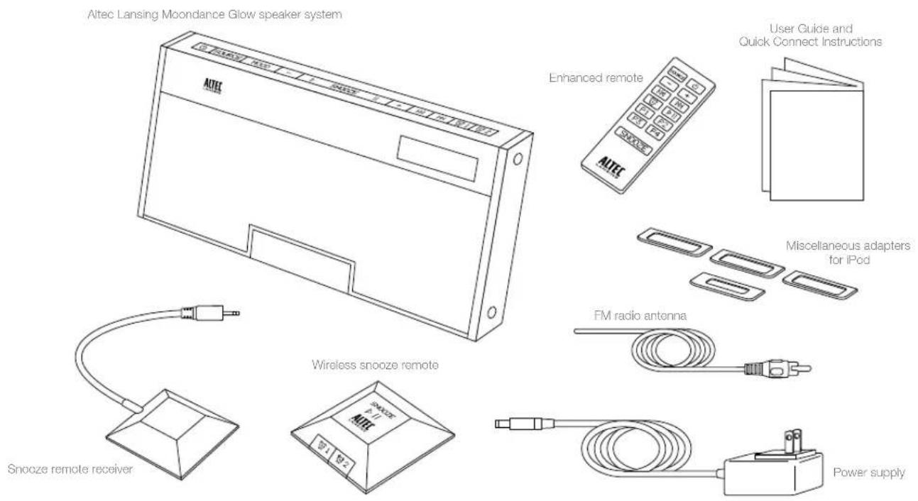 Altec Lansing Moondance Glow speaker system Enhanced remote User Guide and Quick Connect Instructions Miscellaneous adapters for iPod FM radio antenna Wireless snooze remote Snooze remote receiver Power supply