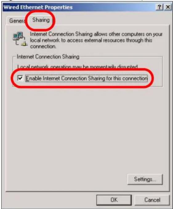 Wired Ethernet Properties Genera Sharing Internet Connection Sharing allows other computers on your local network to access external resources through this connection. Internet Connection Sharing Local network operation may be momentarily disrupted Enable Internet Connection Sharing for this connection! Settings... OK Cancel
