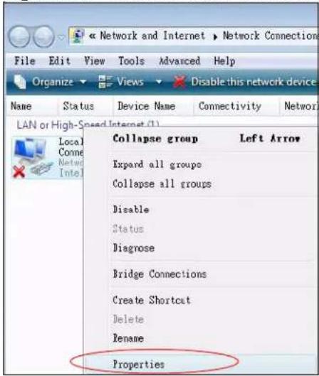 Network and Internet ▶ Network Connection File Edit View Tools Advanced Help Organize ▼ Views ▼ Disable this network device Name Status Device Name Connectivity Network LAN or High-Speed Internet (1) Local Connect Netw Intel Collapse group Left Arrow Expand all groups Collapse all groups Disable Status Diagnose Bridge Connections Create Shortcut Delete Rename Properties