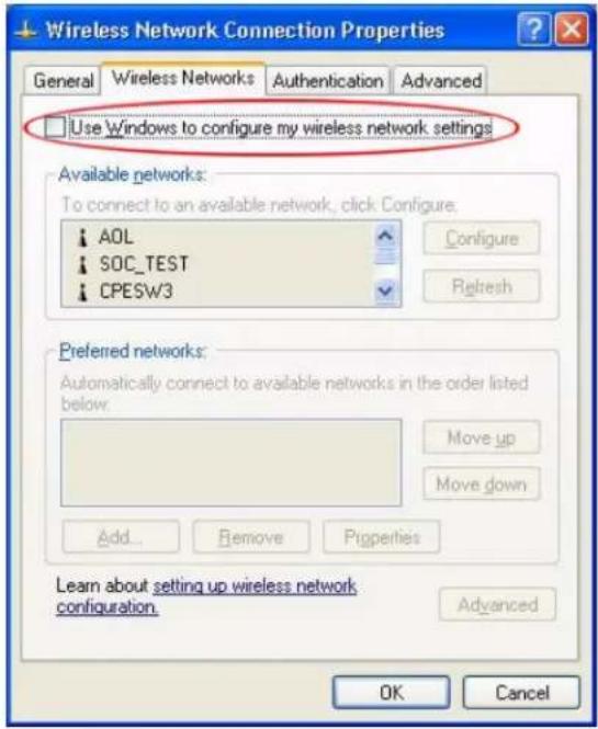 Use Windows to configure my wireless network settings Available networks: To connect to an available network, click Configure. AOL SOC_TEST CPESW3 Configure Refresh Preferred networks: Automatically connect to available networks in the order listed below. Move up Move down Add... Remove Properties Learn about setting up wireless network configuration. Advanced OK Cancel